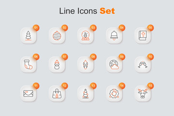 Set line Reindeer, Christmas wreath, tree, shopping bag, Envelope, Glass of champagne, night and toy icon. Vector