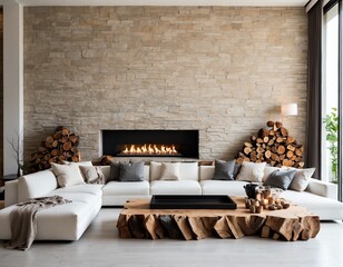 Wooden live edge accent coffee table between white sofas by fireplace in stone cladding wall. Minimalist style home interior design of modern living room in villa.