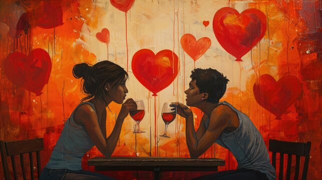 Young couple toasting with wine glasses in cafe against painted wooden wall