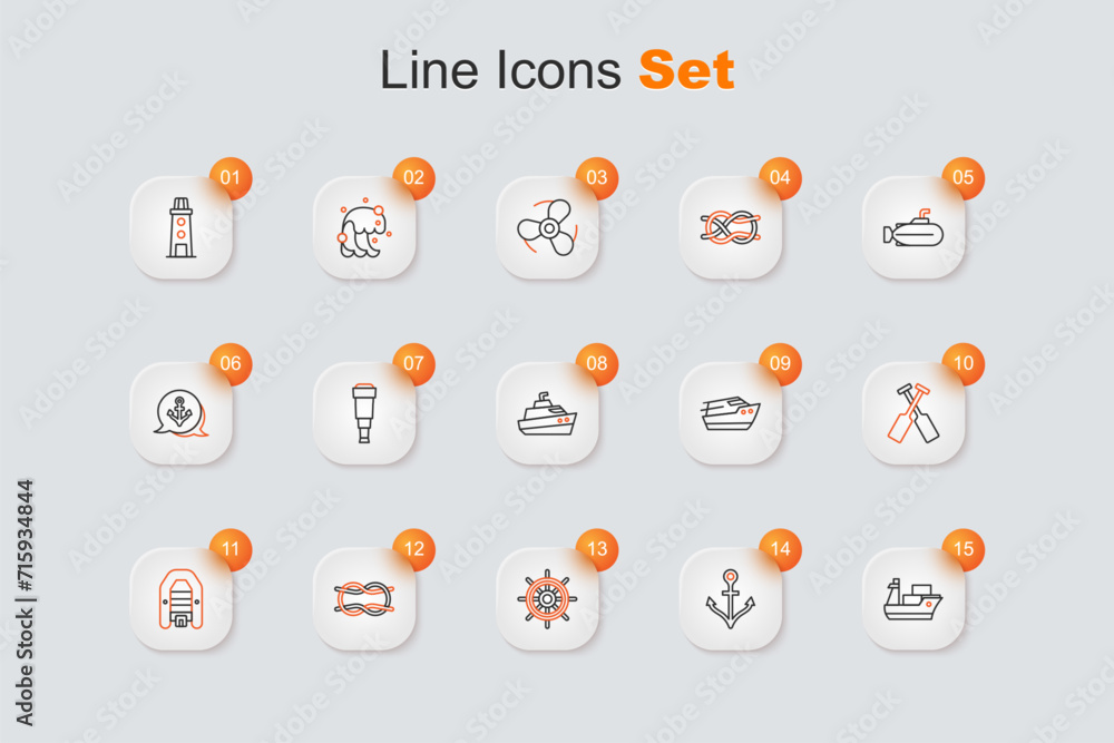 Poster Set line Cargo ship, Anchor, Ship steering wheel, Nautical rope knots, Inflatable boat with motor, Crossed oars paddles, Speedboat and icon. Vector