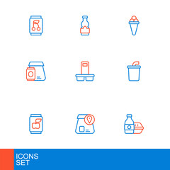 Set line Online ordering food, Soda can, Paper glass with water, Coffee cup to go, Ice cream waffle and Sauce bottle icon. Vector