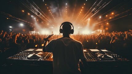Obraz na płótnie Canvas DJ plays on stage with huge crowd dancing