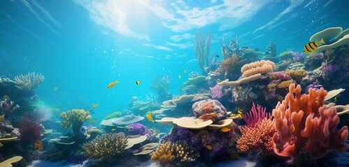 Naklejka na ściany i meble Mesmerizing vibrant coral garden teeming with underwater life in crystal-clear waters.