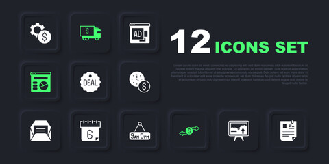 Set Monitor with graph chart, Resume, Deal, Money exchange, Pie infographic, Calendar, Armored truck and From 9 5 job icon. Vector