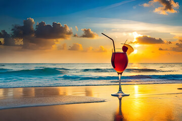 Summer cocktails on luxury tropical beach resort at sunset. Exotic summer drinks cocktails. Youth and summer vacation concept. Party, Vacations, summer holidays, summertime. Generative AI - obrazy, fototapety, plakaty