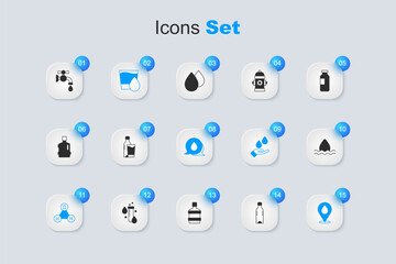 Set Bottle of water, with glass, Glass, Chemical formula H2O, Water drop location, tap and speech bubbles icon. Vector