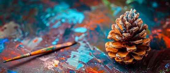 A conifer cone transforms into a paintbrush, creating a whimsical fusion of nature and art