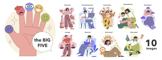 The Big Five Personality Traits concept. Visual guide to understanding character with emotive representations and behaviors. Insightful psychological profiles. Flat vector illustration - obrazy, fototapety, plakaty