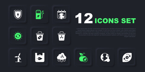 Set Earth melting to global warming, Water energy, Trash can, Apple, Solar panel, Shopping bag with recycle, Petrol or gas station and Acid rain radioactive cloud icon. Vector
