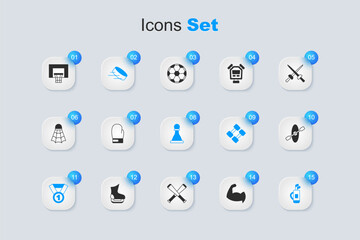 Set Bodybuilder showing his muscles, Boxing glove, Hockey puck, Medal, Golf bag with clubs, Kayak and paddle, Basketball backboard and Chess icon. Vector