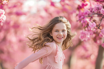 Beautiful spring image of happy smiling girl under pink cherry tree blossoms with copy space