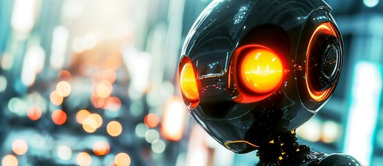 A black robot with piercing orange eyes stands motionless under the glowing light of a traffic light, surveying the bustling street with a sense of calculated curiosity