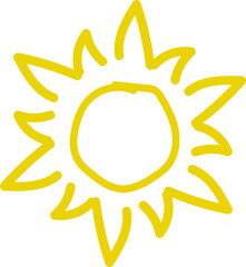 Vector cartoon yellow sun. Shining light rays. Summer Isolated vector illustration.