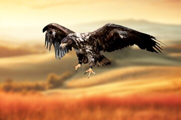 A majestic bald wild eagle fly in air at sky