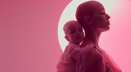 Silhouette of Strength: Bald Mother Holding Baby, Pink Backdrop of Hope - obrazy, fototapety, plakaty