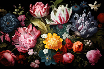 Elegant floral pattern, colorful flowers on dark background, Valentine day holiday art card