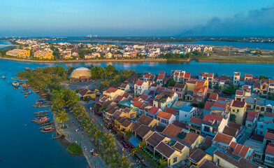 Aerial drone view of Hoi An city, Vietnam. Ancient town, UNESCO world heritage, at Quang Nam...