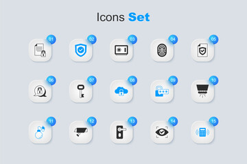 Set Eye scan, Old key, Shield with check mark, Bomb, Security keypad access panel, Fire sprinkler system, Document and lock and Cloud computing icon. Vector