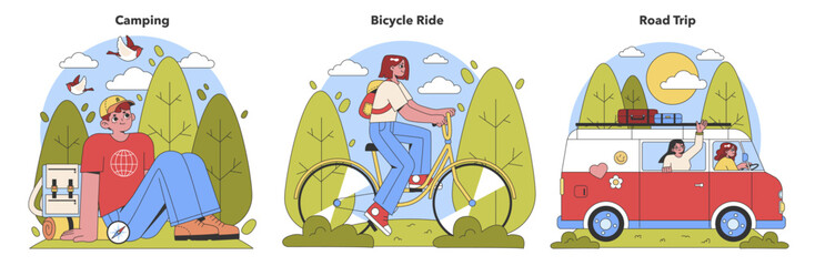 Vibrant vector illustrations depict the excitement of outdoor activities: a camper relaxing, a cyclist on a journey, and friends on a cheerful road trip.