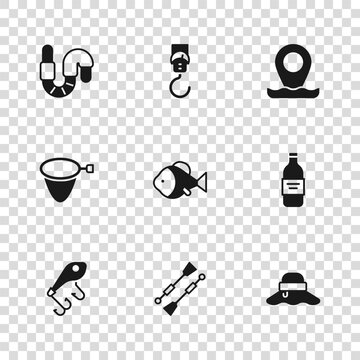 Set Oars or paddles boat, Bottle of vodka, Fisherman hat, Location fishing, Worm, Spring scale and Fishing net icon. Vector
