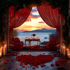 Fototapeten Romantisches Zimmer mit Samtvorhängen und Ausblick auf das Meer © Stefan Freytag