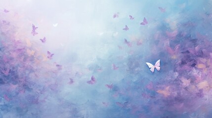 Oil painting illustration of butterfly on pastel delicate blue purple background with oil paint splashes and stains. Banner with copy space. Symbolizing transformation and grace.