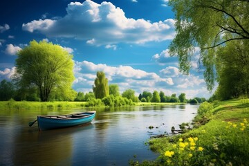 Spring summer landscape blue sky clouds river boat green trees