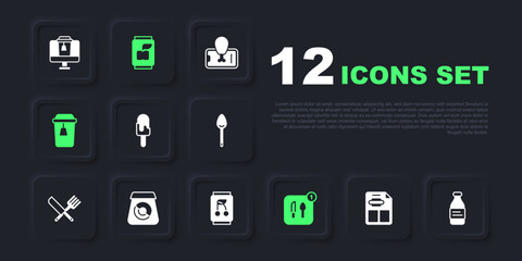 Set Restaurant cafe menu, Bottle of water, Ice cream, Food ordering, Cup tea, Online food, Soda can and icon. Vector