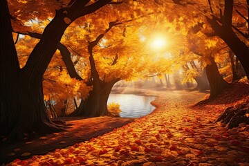 Sunlight filtering through a tunnel of ancient trees along the lakeside path, illuminating a carpet of fallen leaves. Autumnal allure. SunlitLeafCarpet.