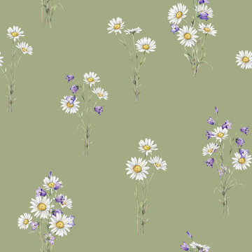 Seamless pattern Watercolor Daisy and bluebell. Hand drawn illustration of Chamomile and little violet bell. bouquet of white blossom flowers on isolated background. Drawing botanical paint wildflower