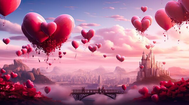 Romantisches Schloss der Liebe mit schwebenden Herzen