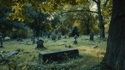 Obraz premium Old abandoned graveyard overgrown with grass