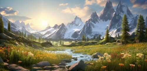 Mesmerizing secluded alpine meadow surrounded by towering granite peaks at golden hour.