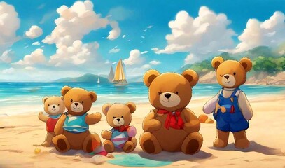 Teddy bear family on sunny beach