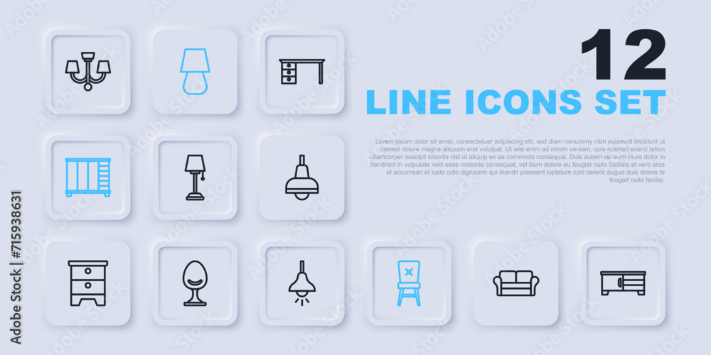 Poster Set line Sofa, TV table stand, Floor lamp, Chair, Wardrobe, Armchair, Table and Lamp hanging icon. Vector