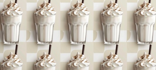 Vanilla milkshakes in elegant glasses decorated with whipped cream and black cocktail straws. Milk coffee background, seamless pattern.