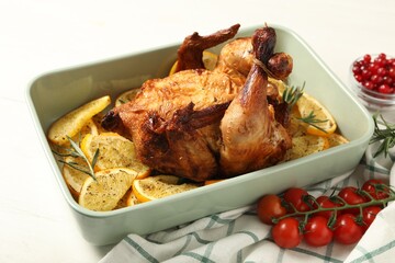 Baked chicken with orange slices on white wooden table
