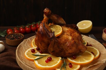 Baked chicken with orange slices on wooden board