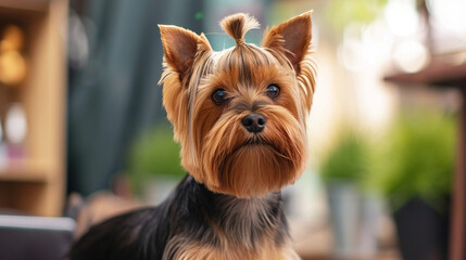 A Yorkie undergoing a stylish grooming session, with a skilled groomer meticulously shaping its fur into a trendy and chic cut. The before-and-after transformation showcases the ar