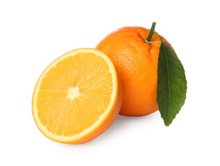 Cut and whole fresh ripe oranges with green leaf on white background