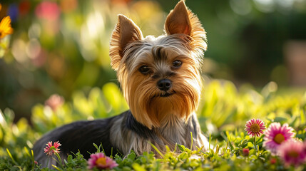 A picturesque setting featuring a Yorkie enjoying a grooming session outdoors, surrounded by blooming flowers. The serene atmosphere complements the elegance of the Yorkie's post-g