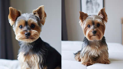 A side-by-side comparison of a Yorkie before and after a spa-like grooming experience, highlighting the professional care and expertise that transforms the dog into a pampered and - obrazy, fototapety, plakaty