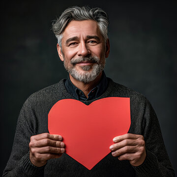 A middle age man holds a blank red heart sign, smiles and faces the camera, high key photography