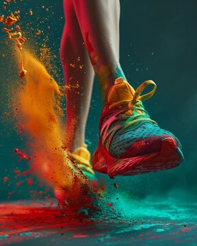 Close-up of female athlete feet in sports sneakers walking in clouds of colorful dust with bright multi-colored splashes of paint. Modern sports shoes advertising, marketing concept.