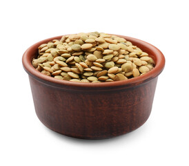 Raw lentils in bowl isolated on white