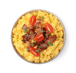 Tasty cornmeal with tomatoes, bacon and microgreens in bowl isolated on white, top view