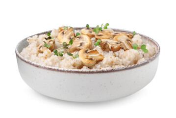 Delicious barley porridge with mushrooms and microgreens in bowl isolated on white