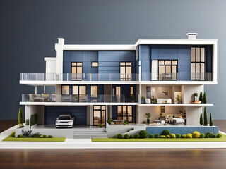 Modern generic contemporary style miniature section model of a residential building with blueprint elevations card details as a wide banner with copy space area for text design.