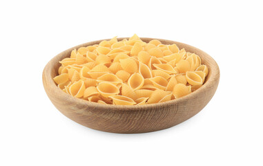 Raw conchiglie pasta in bowl isolated on white