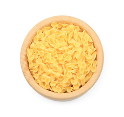 Raw farfalline pasta in bowl isolated on white, top view